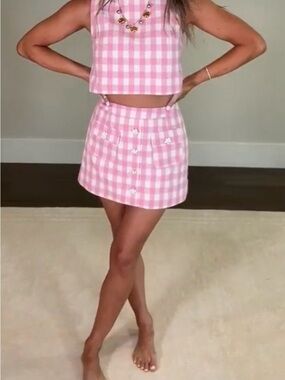 Mable Pink Gingham Button-Front Mini Skirt Set Women
